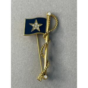 Vintage Bonnie Blue American Flag Pin Brooch Gold Tone Rhinestone Star USA